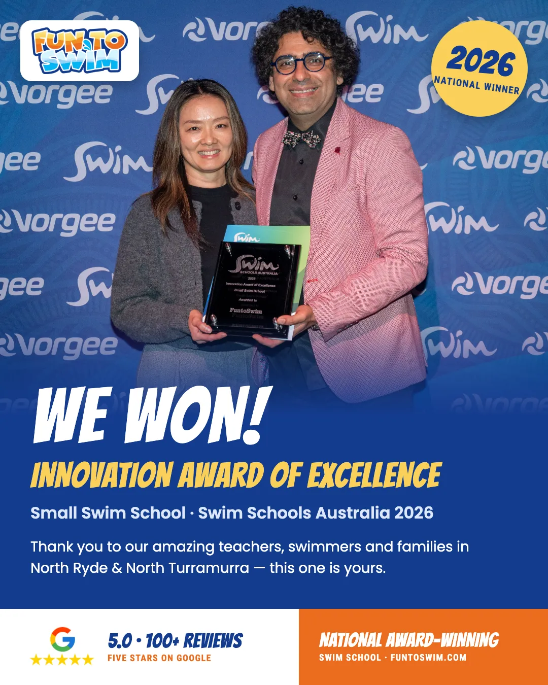 FunToSwim receiving the 2026 Swim Schools Australia Innovation Award of Excellence