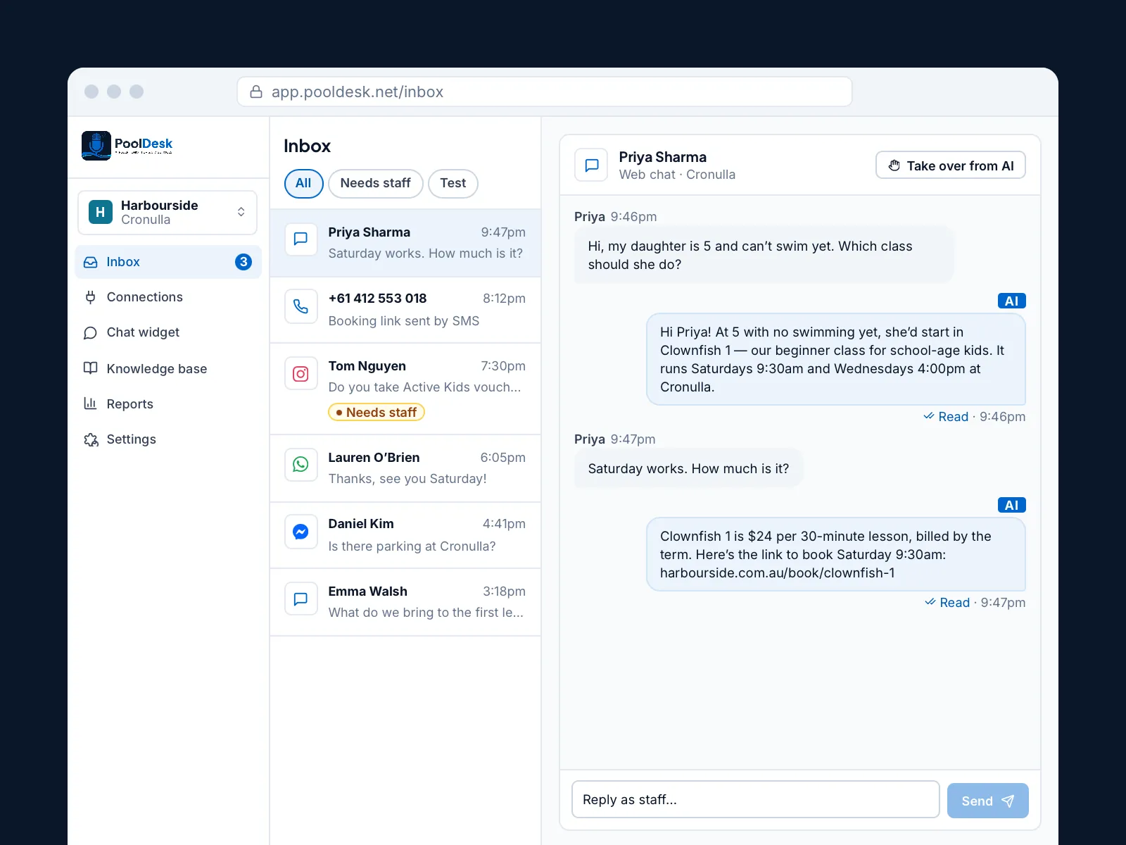 PoolDesk inbox showing calls and messages answered by AI