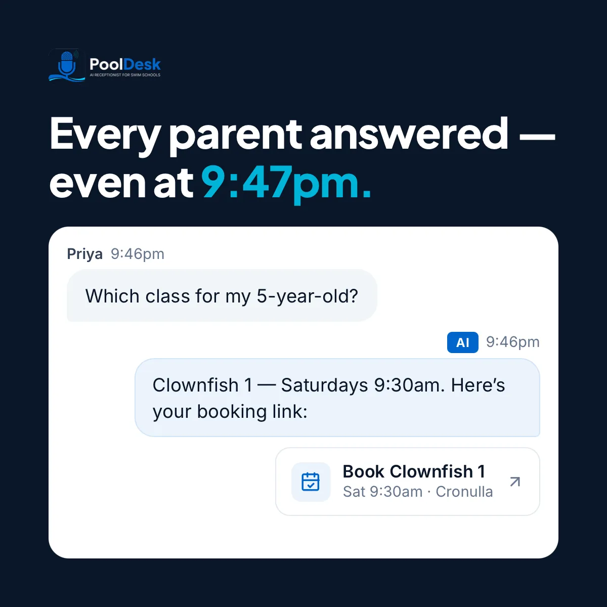 PoolDesk answering a parent at 9:47pm with a booking link